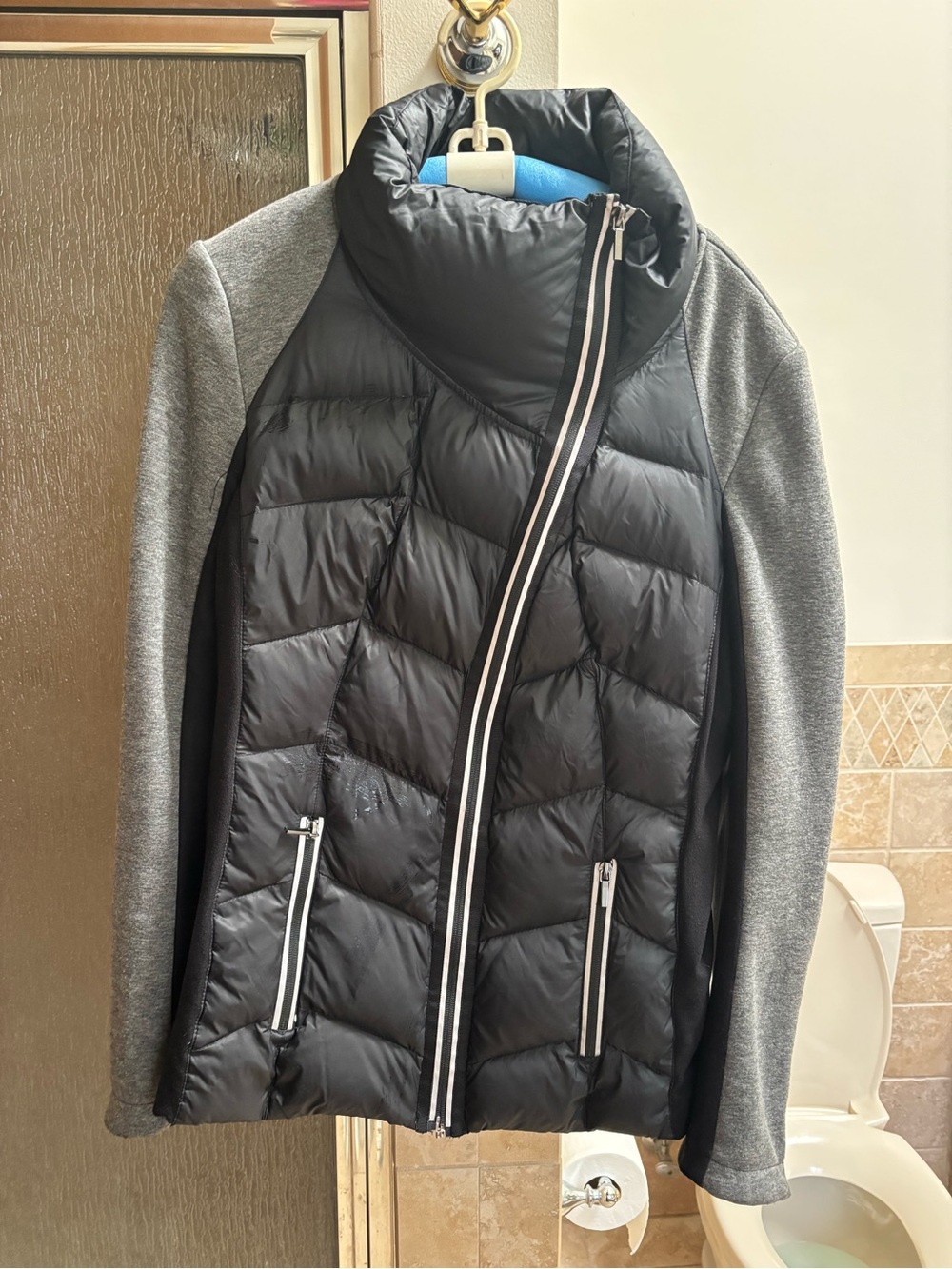 blanc noir Black Quilted Puffer Jacket with Gray Knit Sleeves